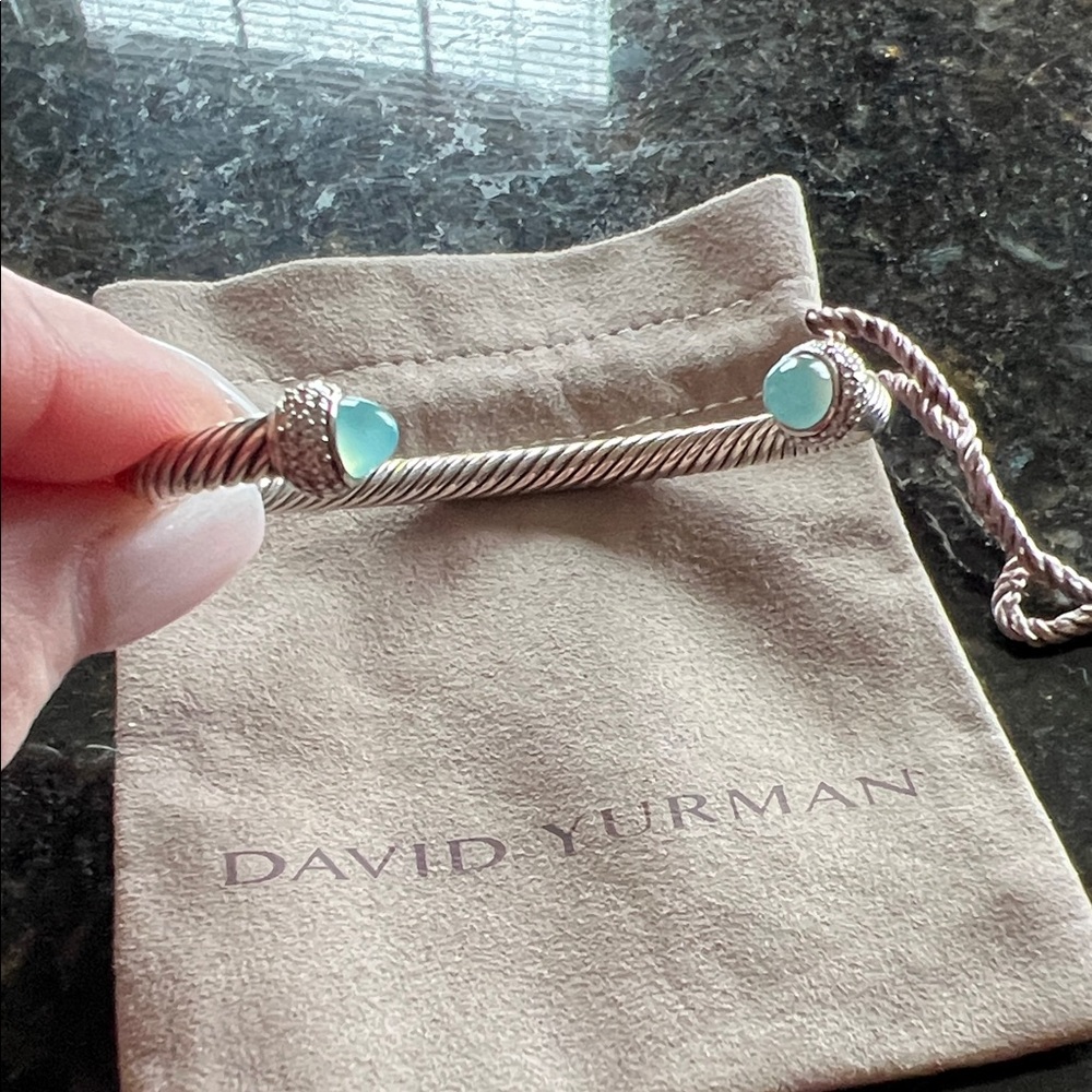 Auth David Yurman 5mm Sterling Cable Bracelet, green agate with diamond end caps